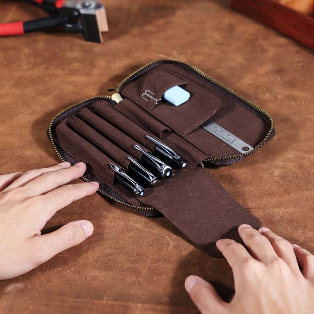 Винтажный стиль Натуральная кожа Пенал 4 отделения Дизайн Чехол для ручек Сумка для карандашей Канцелярские товары