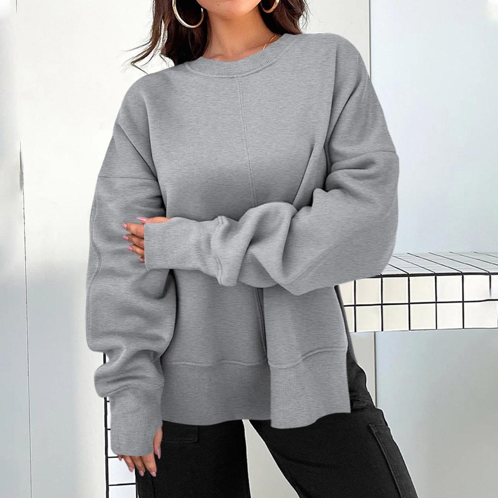 Women's Solid Color Slit Round Neck Sweatshirt Casual Top Loose Long Sleeved Top