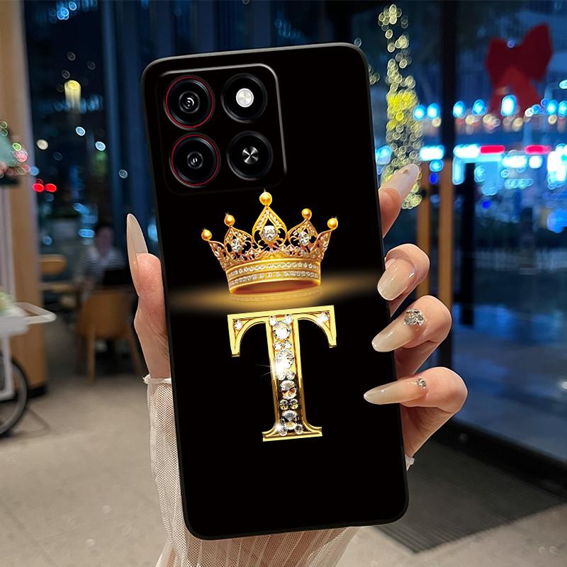 Cool Lucky A-Z Letter Phone Case For ZTE Blade A35/A55 Soft Silicone Black Case Shockproof Luxurious Glitter Crown Shell