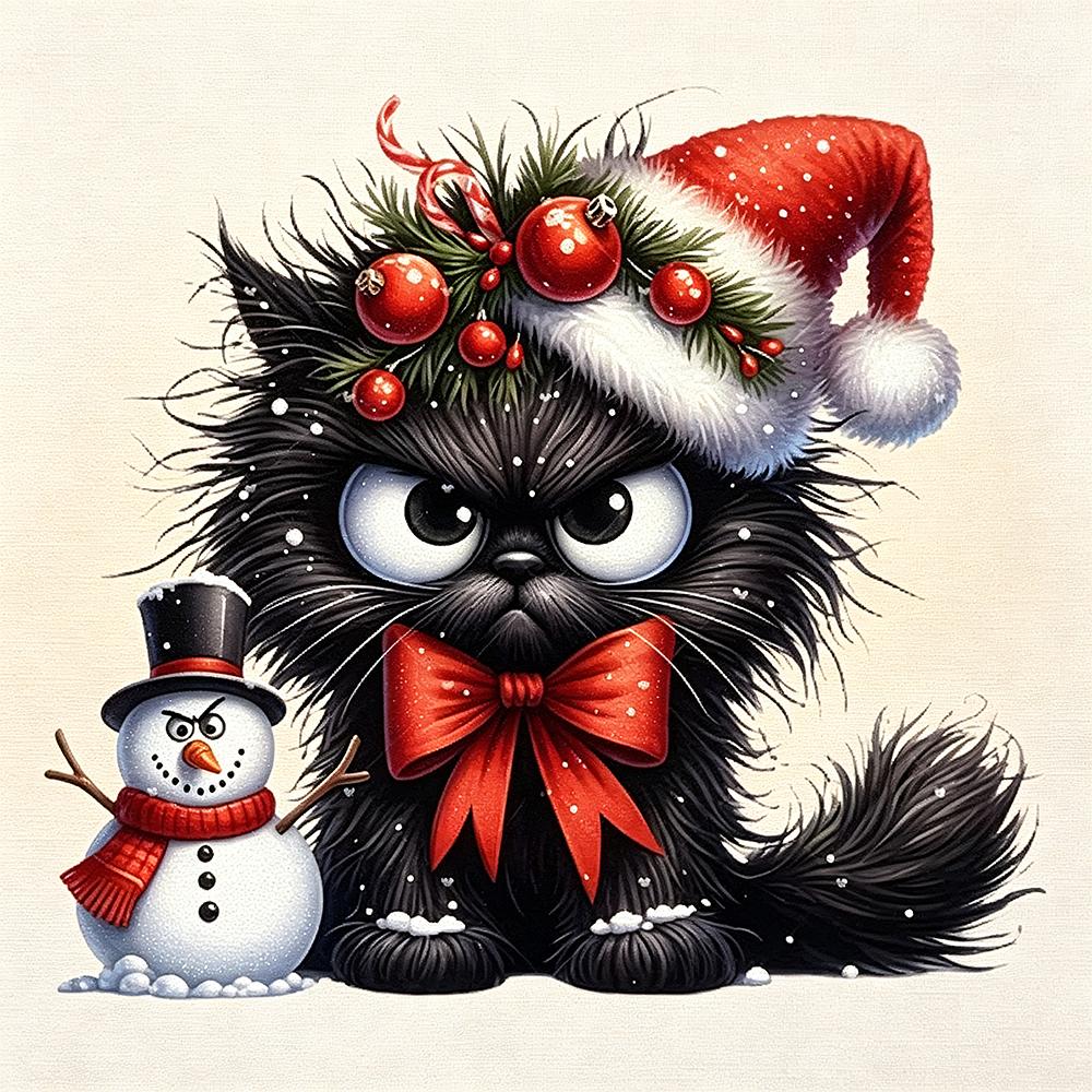5D Diamond Painting Christmas Grumpy Black Cat with Snowman DIY Craft Home Wall Decor