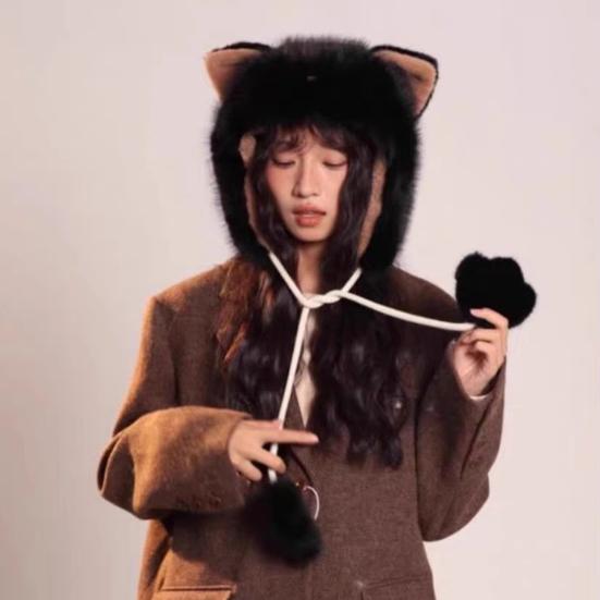 Women Hat Knitted Windproof Warm Winter Lei Feng Hat Cartoon Cat Shape Elastic Solid Color Thermal Cap