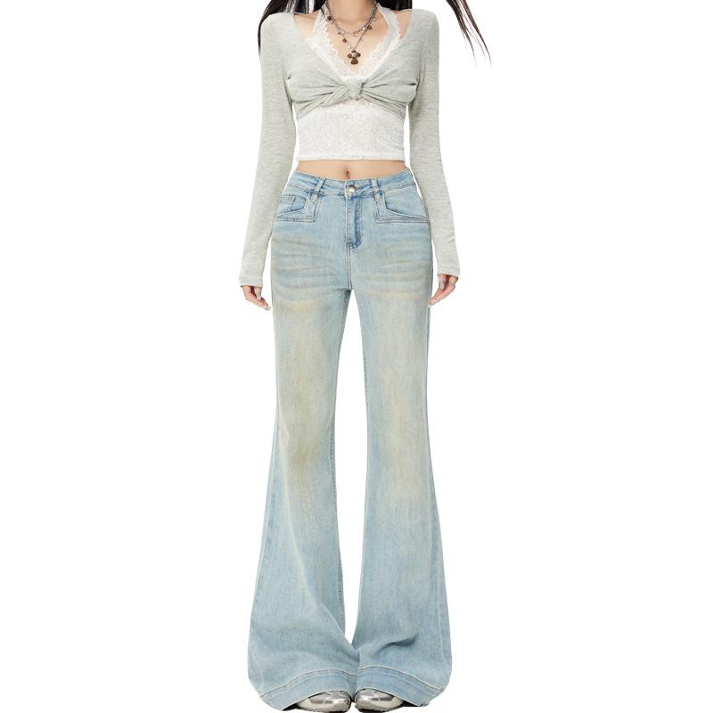 Spring new elastic flared pants Korean Spice Girls retro style women's jeans light blue trousers