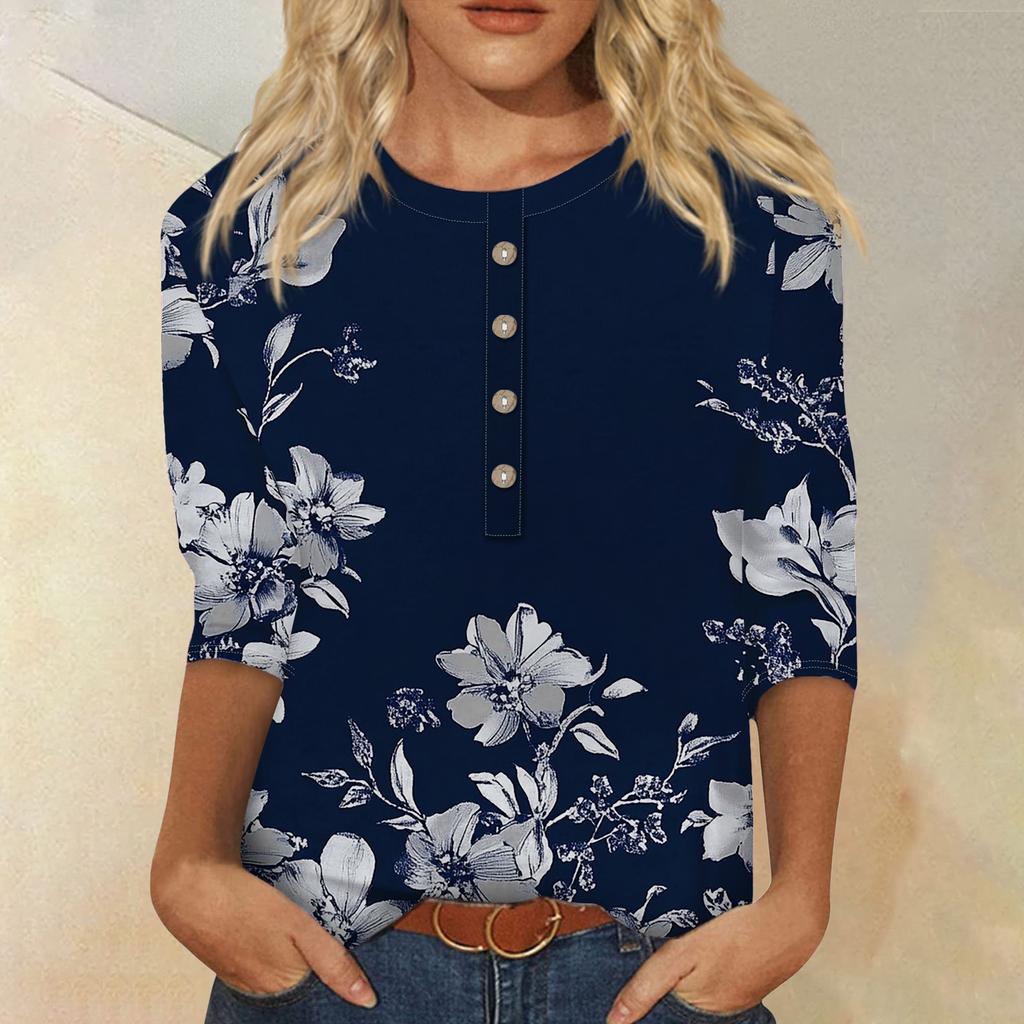 Женская мода повседневная 3/4 рукава цветочный принт пуловер круглый вырез топ повседневная одежда