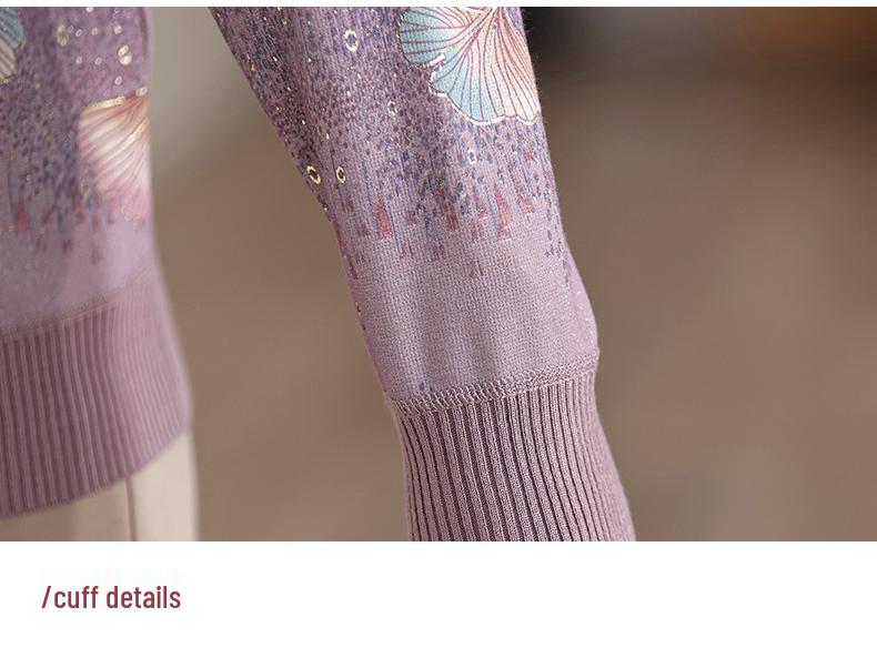 Женская осенняя вязаная футболка с принтом и лацканами - с длинным рукавом, свободная, модная, универсальная для женщин среднего и пожилого возраста