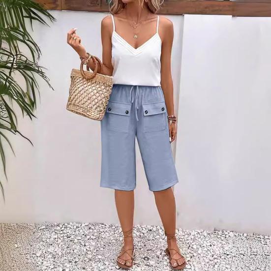 Летние женские шорты с эластичной резинкой на талии и застежкой на пуговицах, передние карманы, чистый цвет, повседневные, повседневные