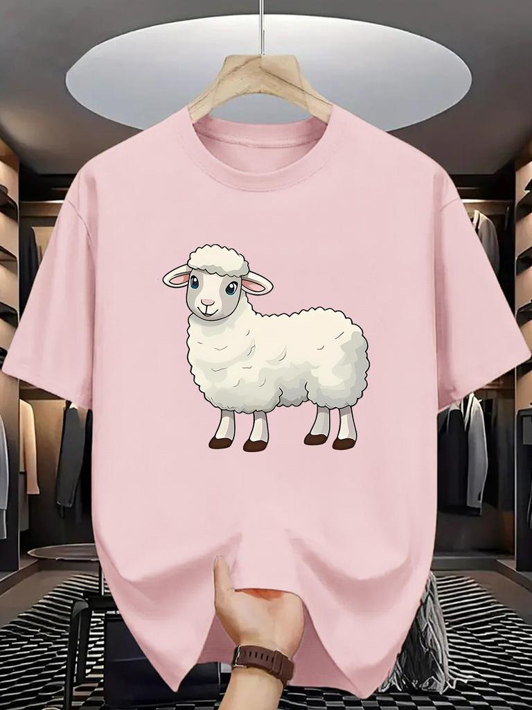 Cartoon Sheep Graphic T Shirt For Unisex Adorable Fluffy Lamb Crew Neck Tee Farm Animal Print Casual Male Daily Outfit Tops