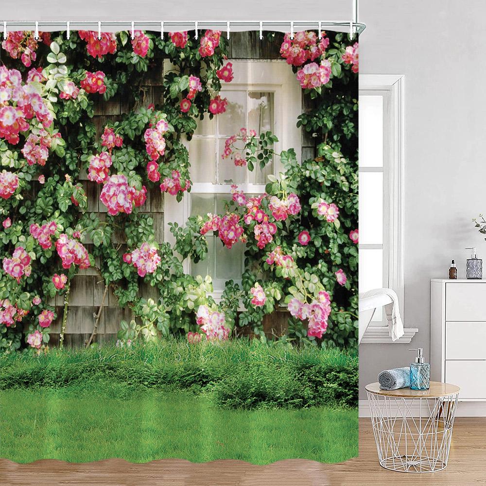 Садовая дорожка Душевые занавески Розовые цветы Зеленые лозы Лесная тропинка Ванная комната Декор Природа Полиэстер Занавески для ванной с крючками