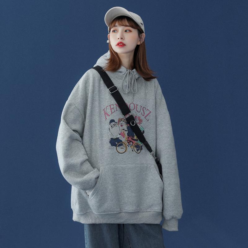 2026 Women's Printed Hoodie: New Winter Plus Velvet, Loose Korean Style for Spring & Autumn.