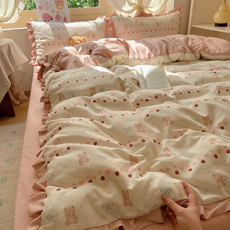 Cartoon double-layer yarn bed four-piece set, summer new lace quilt cover, bed sheet household washable three-piece set