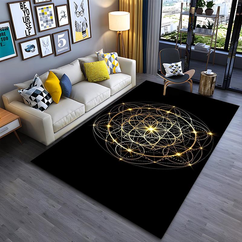 Area Rug, Golden Sacred Geometry Flower of Life Sparkles Black Print, Meditation Room Decor, Non-Slip Mat
