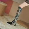 Women Knee High Boots Pointed Toe Boots Women Long Chunky Block Pleated High Heel Boots Quality Microfiber Zip Thigh High Boots