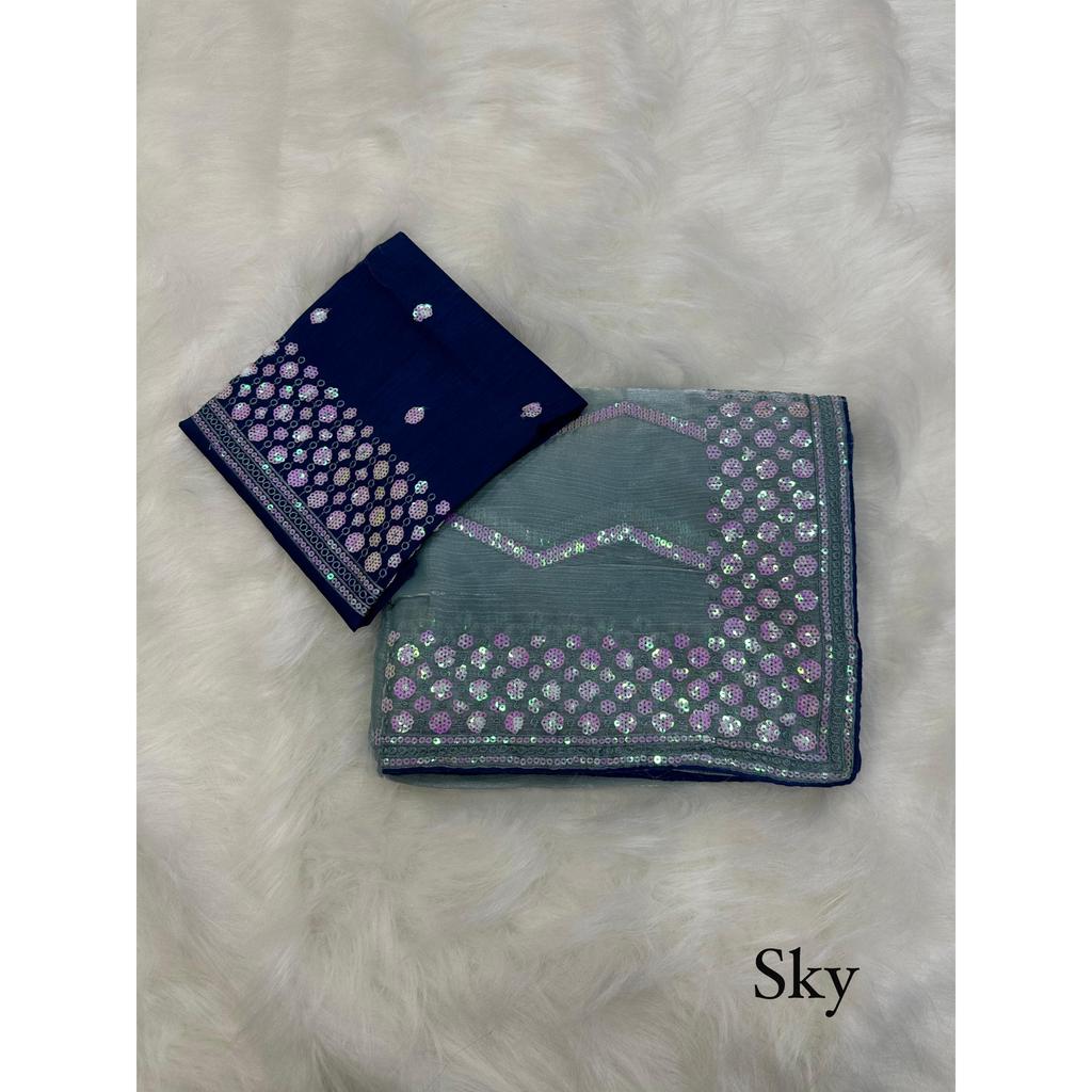 Saree With Beautiful 5MM Sequence Embroidery C-Pallu Work Along With Contrast Piping Border