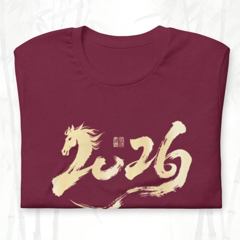 Year of The Hello Brushstroke Art Happy Chinese New Year Horse Graphic Unisex Crewneck Allmatch Casual Tee Streetwear