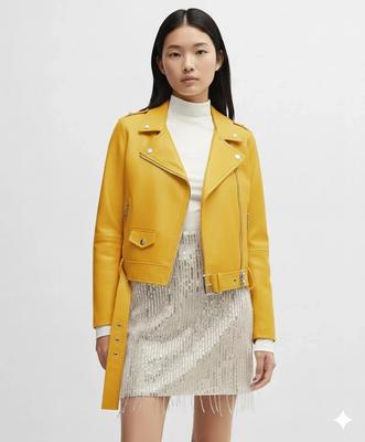 Мотоциклетная Кожа Ручная Работа Ягненок Желтая Натуральная Куртка Женская Стильная Повседневная