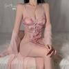 Women's Flocked Lace Deep V Padded Sleep Dress with Robe Lounge Set