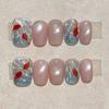 10Pcs Short Round Blue Cat-Eye Fishbone Pattern Press on Nails Leopard Print Metallic Handmade Wearable Nail Tips for Hot Girls