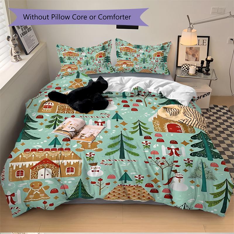 3pcs Christmas Holiday Gift, Gingerbread House Bedding Set with 1 Quilt Cover and 2 Pillowcases (No Core), Festive Decorative Polyester Fabric