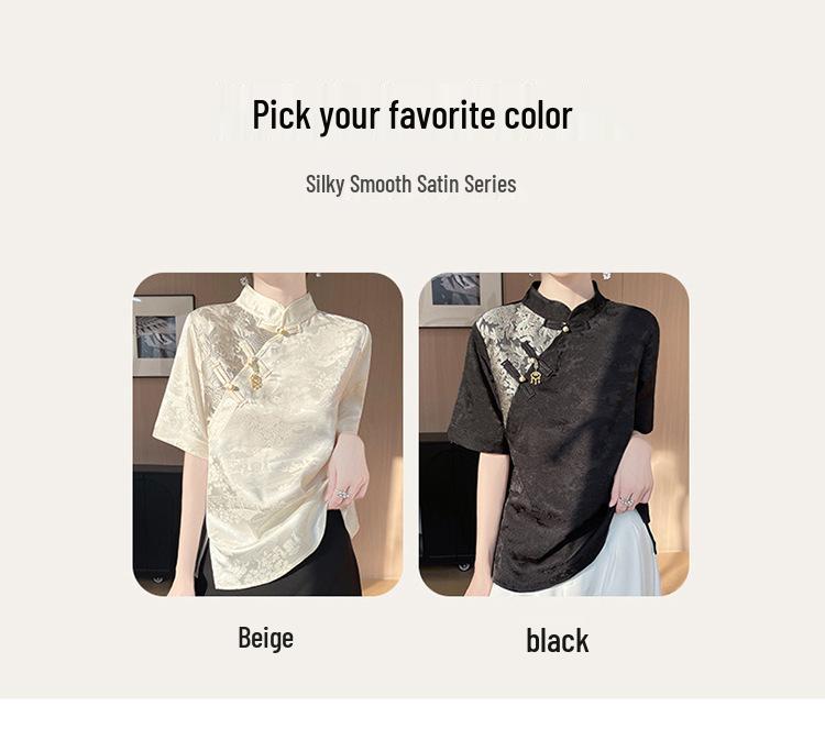 Женская атласная жаккардовая футболка с воротником-стойкой и застежкой-лягушкой, весна/лето 2025