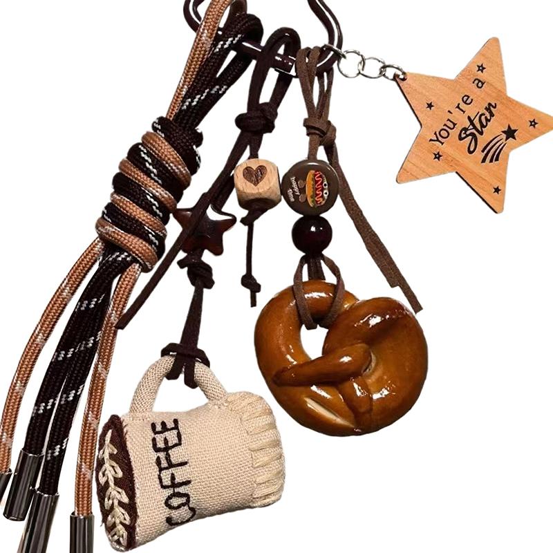 Y2K Korean Brown Cute Alkaline Bread Keychain  Braided Rope Keyring Bag Pendant Backpack Hanging Decoration Girl Gifts