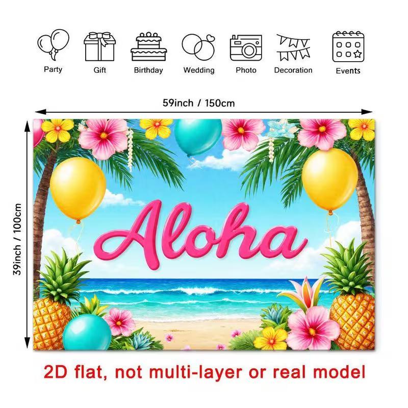 2D Luau Party Background, "Aloha" Tropical Beach & Hibiscus 2D Decor