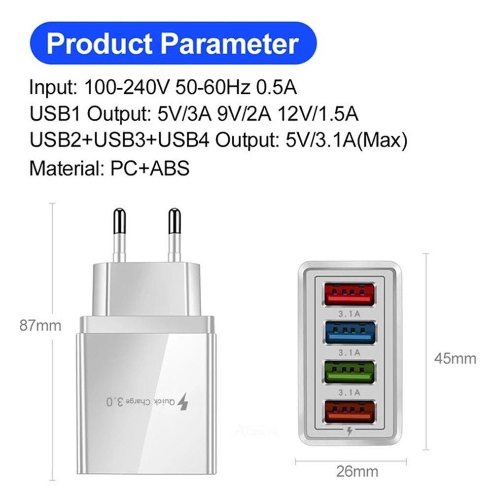 Multi-Port Tablet Charge Travel Portable EU/US Plug USB Charger 4-Port Quick Charge
