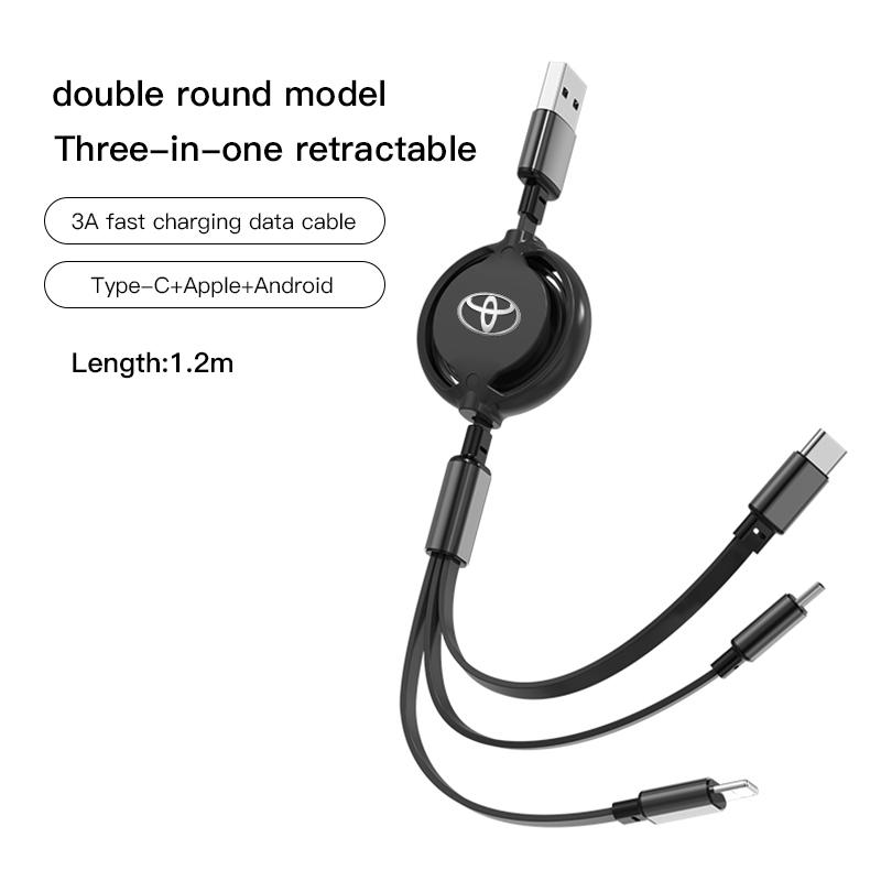 3 In 1 Retractable Mobile Phone Fast Charging Cable For  Toyota Corolla Camry Asian Dragon Supra Hilux Land Cruiser GR SPORT TRD