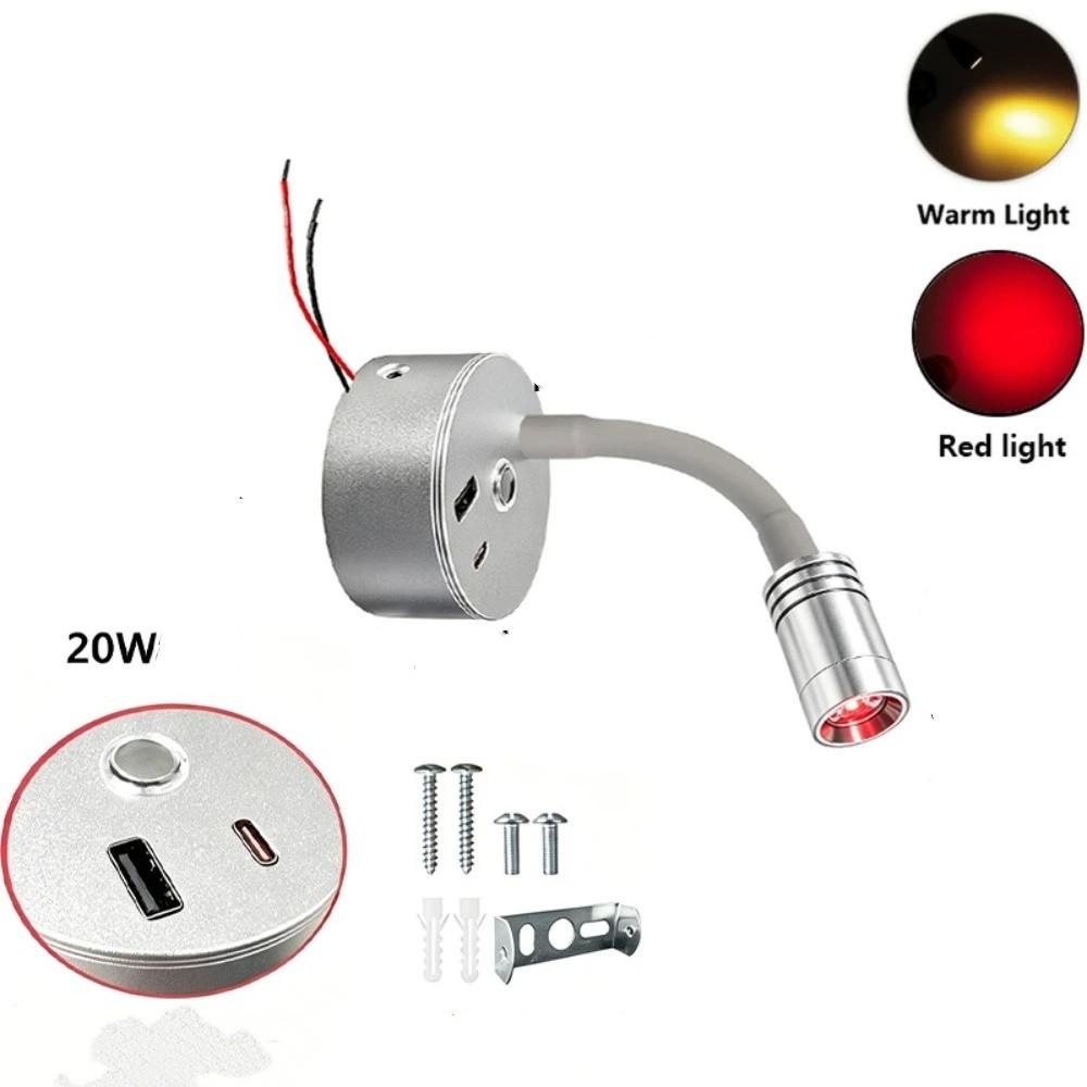 Type-C & USB Outlet LED Reading Lamp Flexible Gooseneck Wall Light Indoor