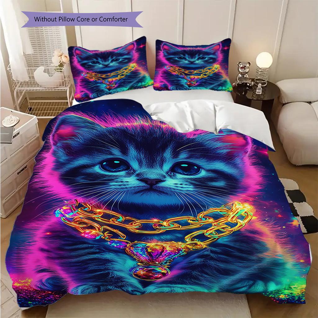 Kitten Pattern Bedding Quilt Set Quilt Cover Pillowcase Home Decoration Birthday Gift (1 * duvet cover + 2 * pillowcase, without core)