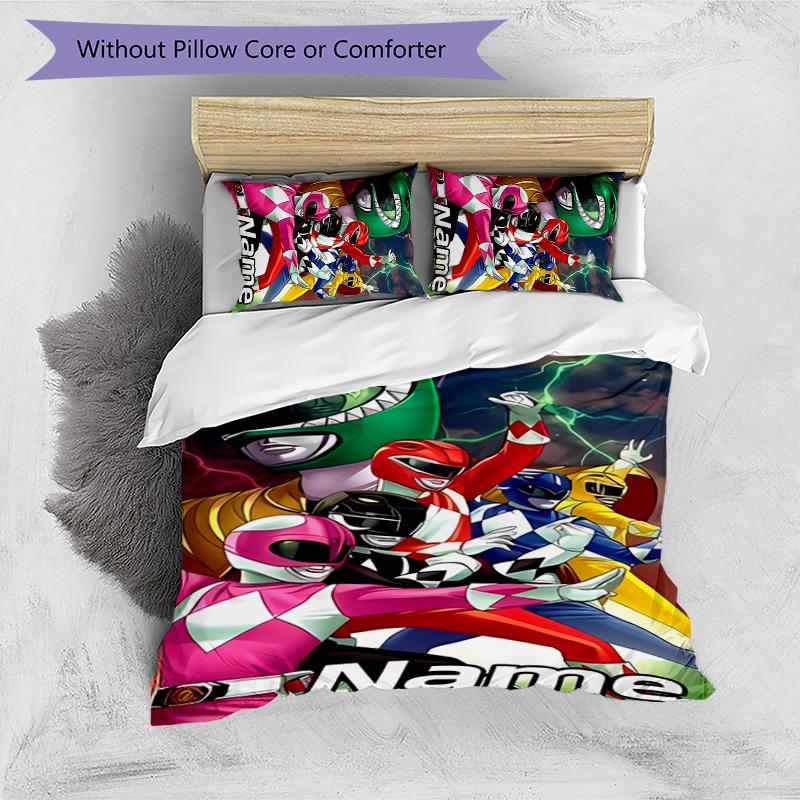 3pcs Custom Name Cartoon Mighty Morphin Power Rangers Bedding Set Duvet Cover Closure Includes 1 Duvet Cover & 2 Pillowcases for All Seasons Bedroom D