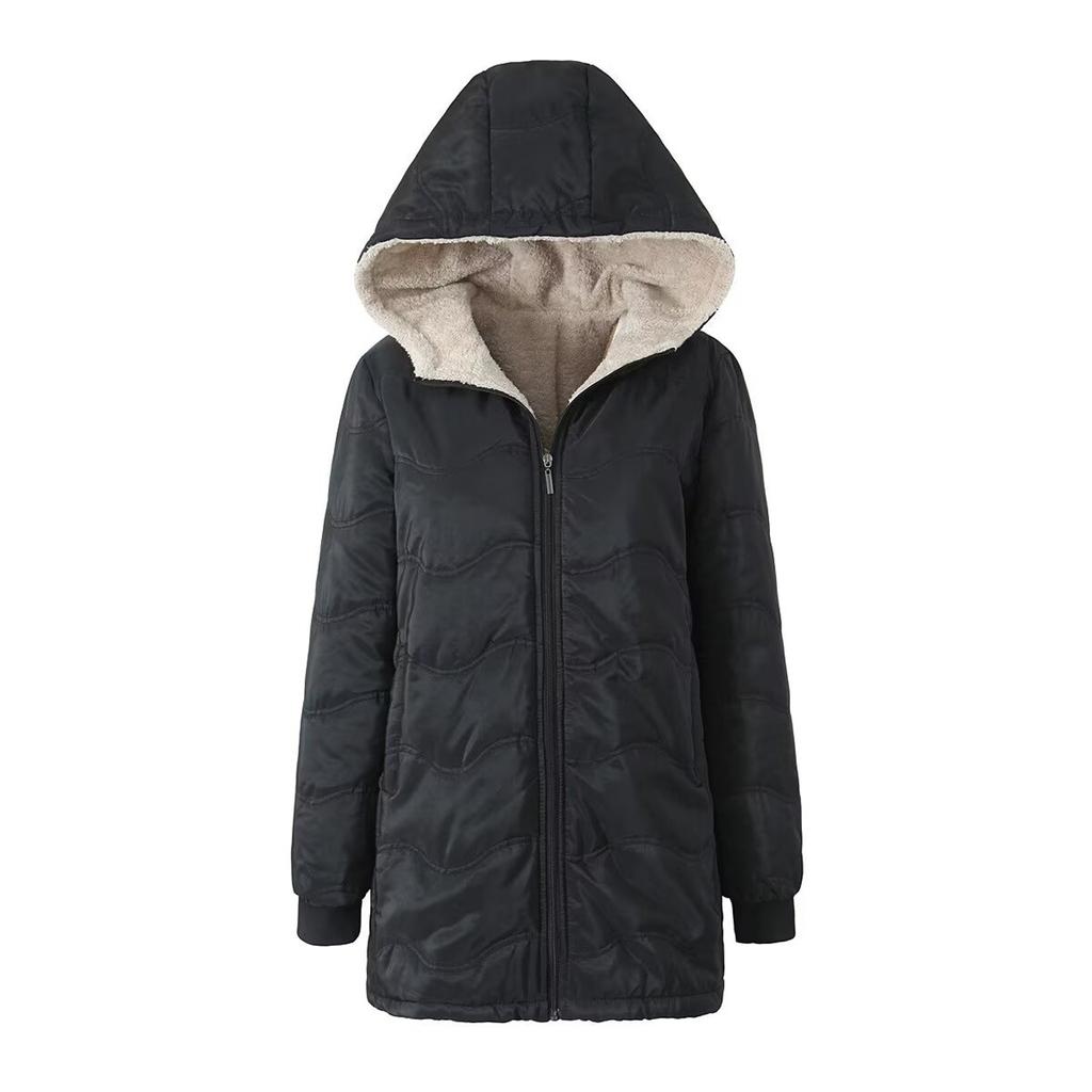 Women's Fashion and Leisure Geometric Wave Hooded Lamb's Wool Thickened Warm Cotton Coat Medium-length Jacket Cotton Clothing