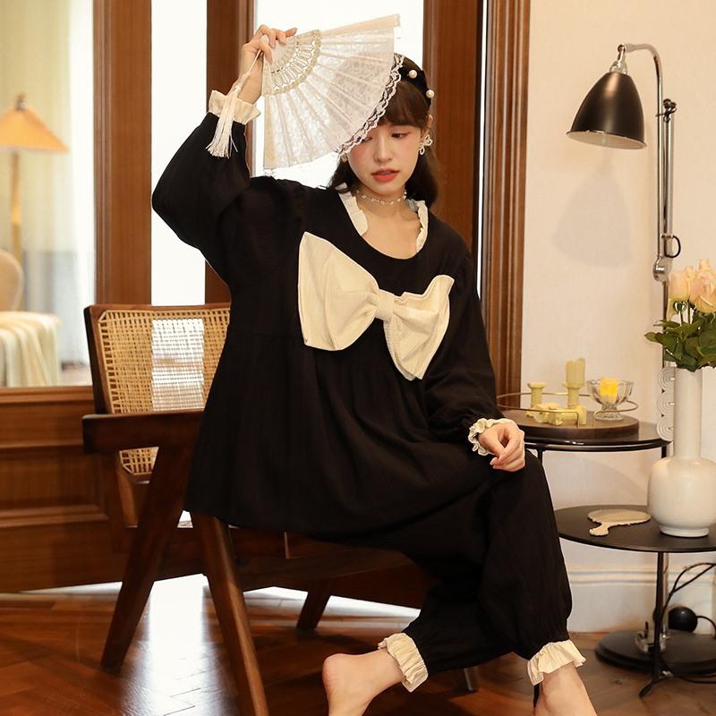 Autumn Winter Women Korean Temperament Retro Sweet Long-sleeved Cotton Pajamas Set Nordic Fashion Palace Style Princess Style Home Clothes