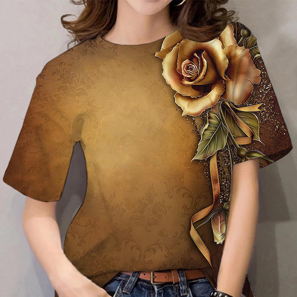 Женская футболка с цветочным принтом, одежда в стиле Харадзюку, повседневные футболки с коротким рукавом и круглым вырезом, повседневные блузки Y2k, топы больших размеров