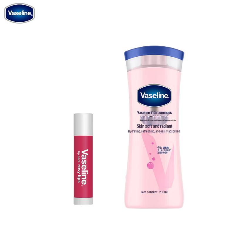 Набор: Лосьон для тела Vaseline Healthy Bright с ниацинамидом и бальзам для губ с розой