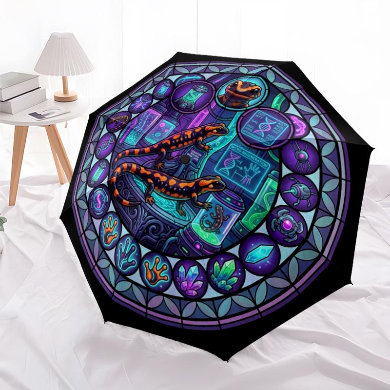 Quantum Salamander Evolution pattern umbrella, portable and foldable design, 8 ribs, a casual accessory for Halloween, Christmas, and birthday gifts.