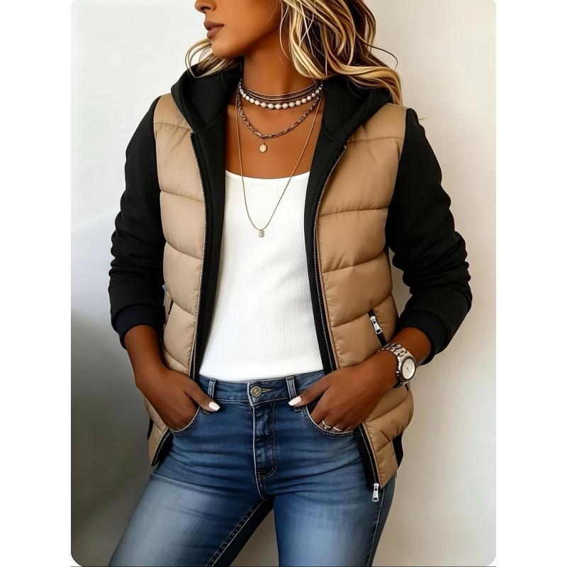 Womens Color Block Patchwork Fake Two-Piece Hooded Cotton Coat Zip Pocket Daily Commute Winter Outerwear