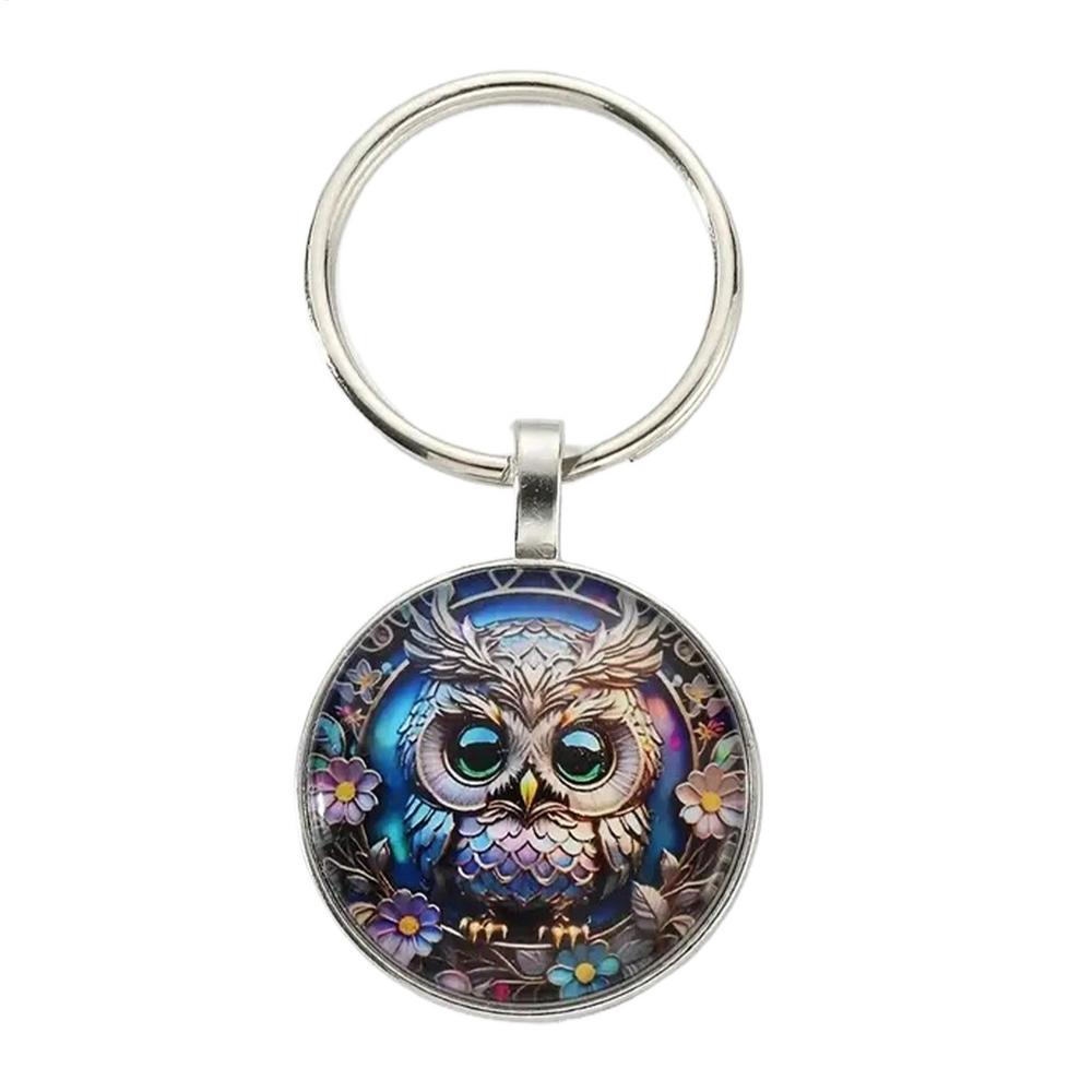 1PC Owl Pattern Circular Glass Keychain Pendant Accessory Metal Keyring Pendant Small Gift Portable Decorative Key Purse Charm