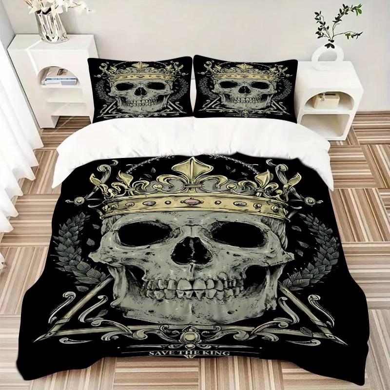3pcs Crown Skull Duvet Cover Set - Machine Washable, Includes 1 Cover and 2 Pillowcases, No Core Included yy251013085