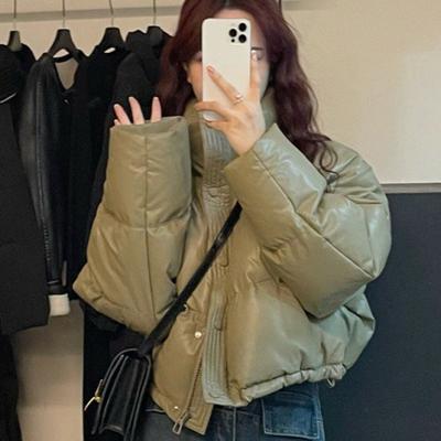 Осень-зима кожаные парки женские пальто с воротником-стойкой женские элегантные эластичные манжеты стеганые куртки