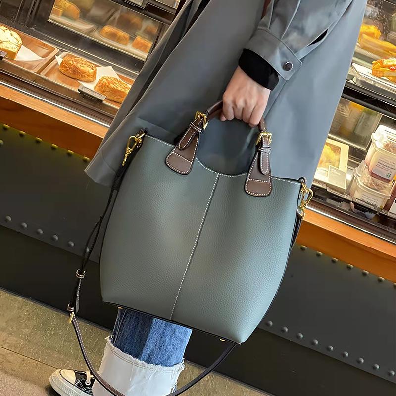 2023 Women's Genuine Leather Bucket Bag - Trendy Large-Capacity One-Shoulder Tote & Commuter Handbag