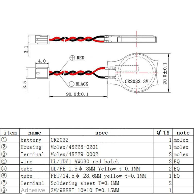 5 шт./лот батарейка CR2032 2032 с проводом 2-контактная батарейка BIOS CMOS материнской платы ноутбука с проводом кнопка извлечения батарейки