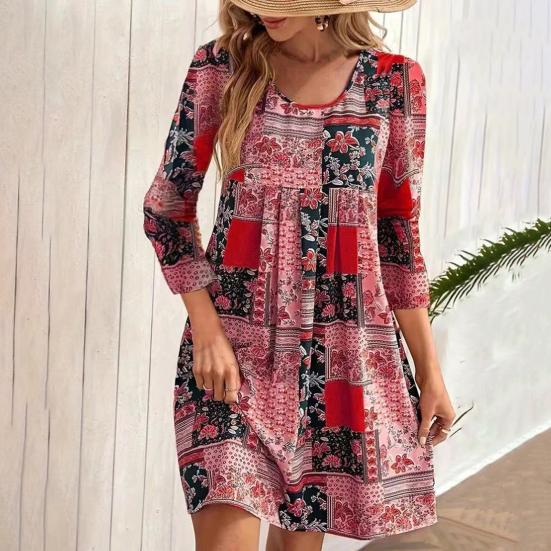 Женское весеннее платье в стиле ретро с этническим принтом, длинным рукавом и круглым вырезом, свободный пуловер, мягкий дышащий женский мини-платье длиной выше колена
