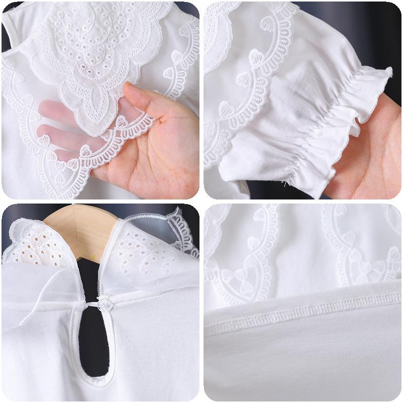 Премиальная хлопковая футболка с белым кружевным воротником для девочек - Летняя с коротким рукавом для детей