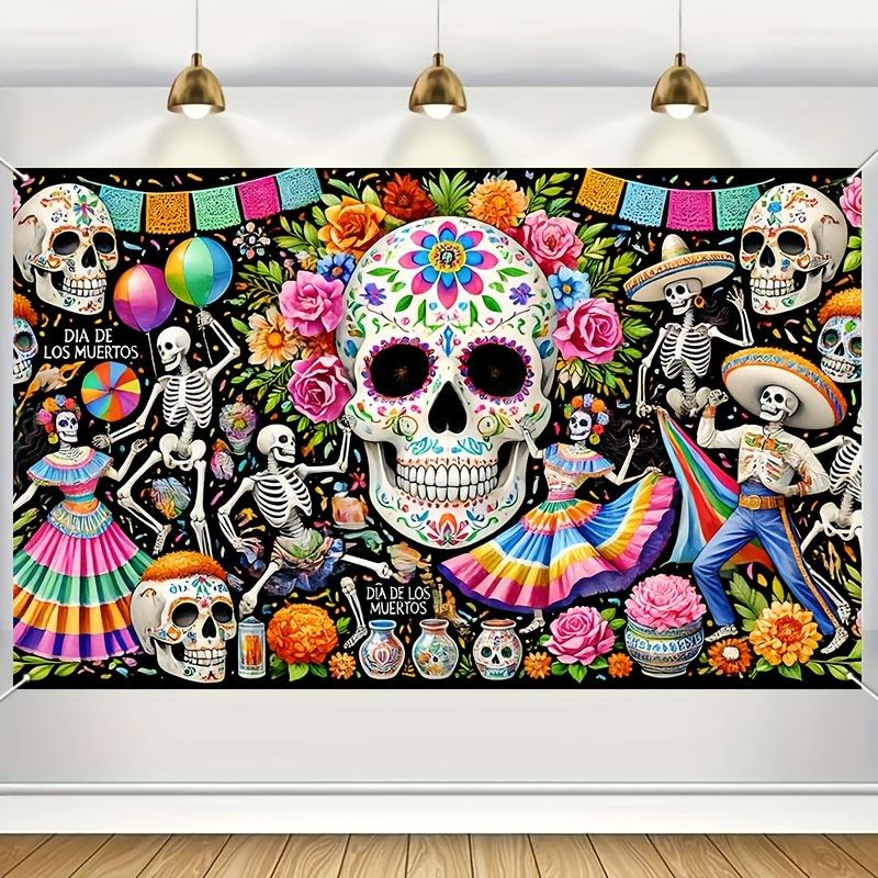 One piece, photo backdrop cloth, with the theme of "Day of the Dead" skull theme, and decorated with balloons.zyc