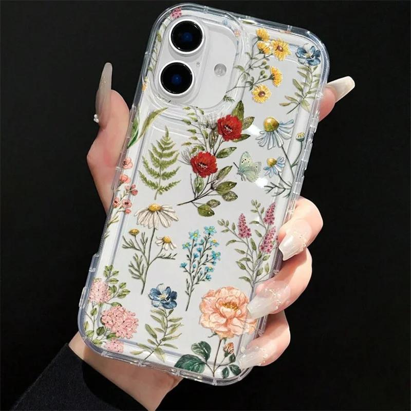 Прозрачный чехол для телефона с цветами и растениями для iPhone 16 16e 15 14 13 12 11 Pro Max X XS XR XSMax 7 8 Plus, ударопрочный, из мягкого ТПУ
