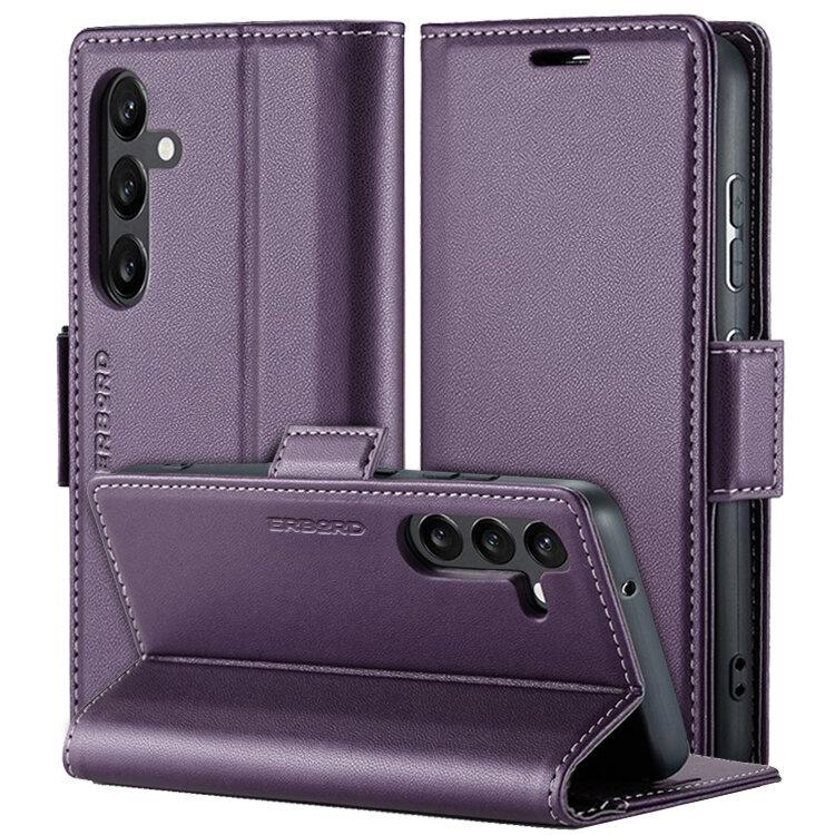 Samsung Galaxy A55 Case, ERBORD Glossy Litchi, Wallet Flip Case, Purple