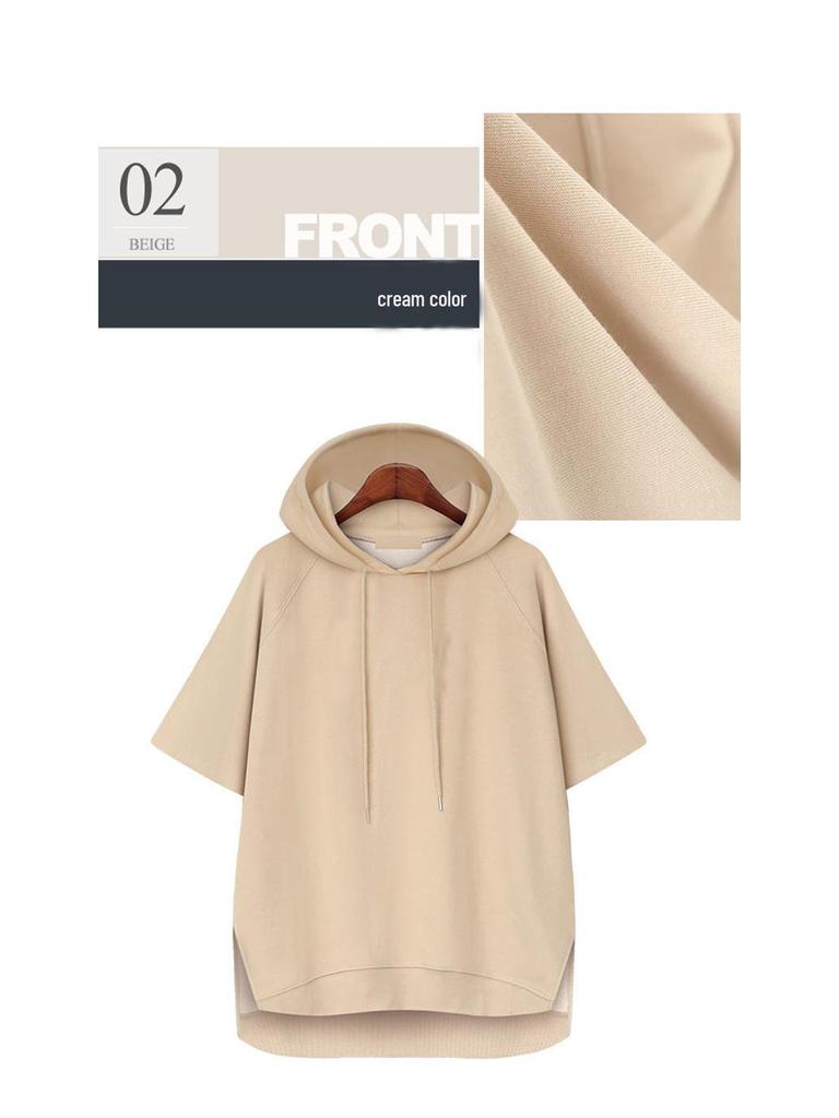 Однотонная футболка на кулиске в корейском стиле: Женская толстовка с капюшоном, с коротким рукавом, свободного кроя, летняя