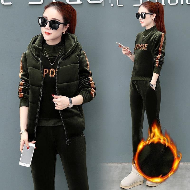 Плюс бархат утолщенный золотой бархат зимний теплый двухсторонний бархатный повседневный жилет свитер спортивный костюм-тройка для женщин