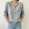 V-neck Solid Color Button Sweater for Women - 2026 Autumn/Winter Loose Knit Casual Pullover.