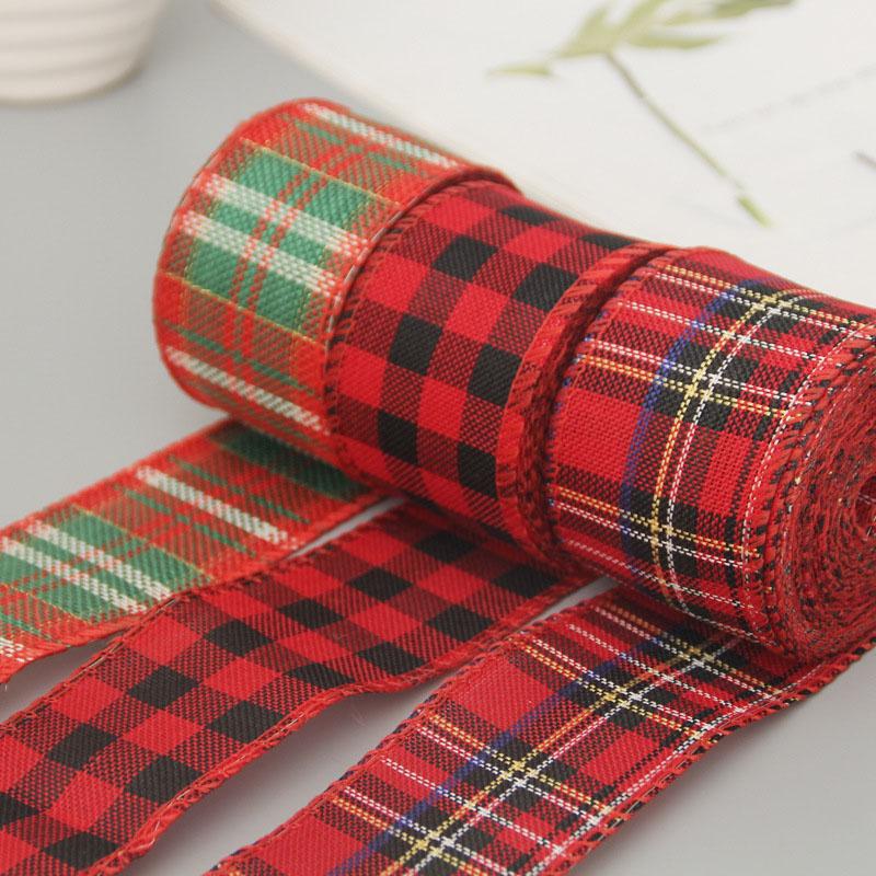 6M Christmas Checkered Wired Edge Weave Ribbon Plaid Black Red Green Diamond Check Pattern Craft Christmas Decoration Linen