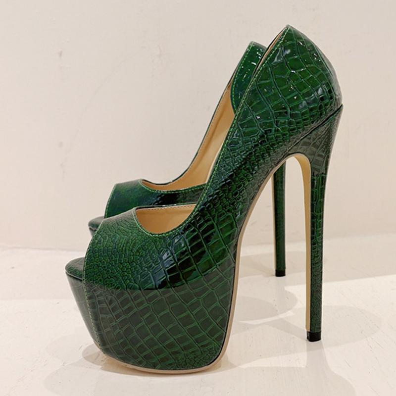 Liyke New Green Snake Print Leather Platform Pumps Women Sexy Slingback Peep Toe Extreme High Heels Strip Pole Dance Shoes
